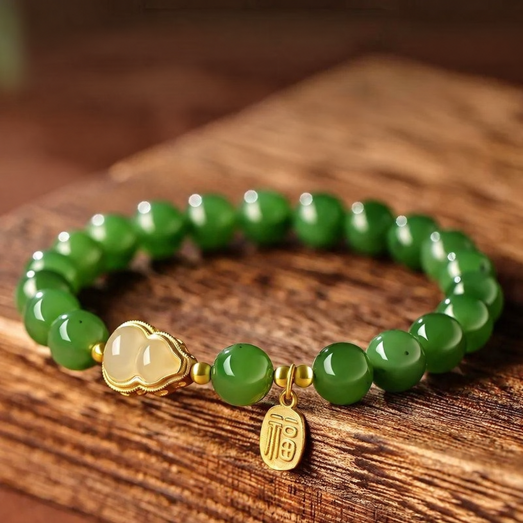 Mira green bead bracelet on wood with gold heart and charm